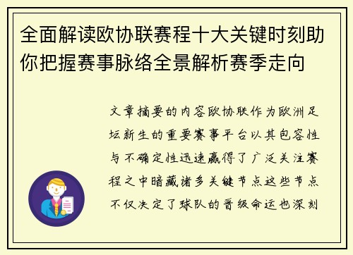 全面解读欧协联赛程十大关键时刻助你把握赛事脉络全景解析赛季走向